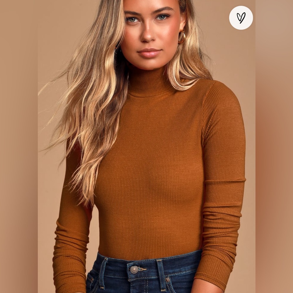 Lulus Basics Wilde Rust Orange Ribbed Long Sleeve Mock Neck Bodysuit, Size XS